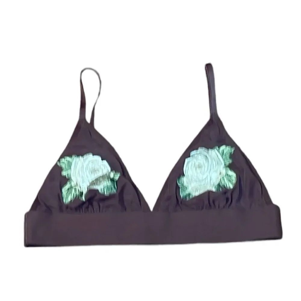 PINK Embroidered Roses, Mauve Triangle Bralette, Large
